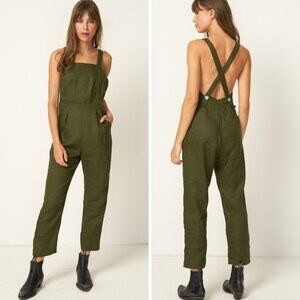 Rue Stiic Hattie Overalls Large Army Green Linen Blend Boho Utility Jumpsuit